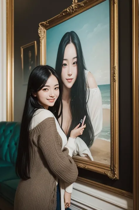 Portrait of a young woman, long black hair, in the living room, smilingly looking at a painting of the ocean and London Cathedral