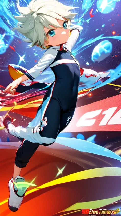 Game CG，4k picture quality，((little boy))，The feeling of youth，anime hero，Q version male character ears，happy，防wind鏡，White and Blue Racing Bodysuit，White gloves，Racing boots，float。wind，Lighting Effects，Full body portrait，Normal hand