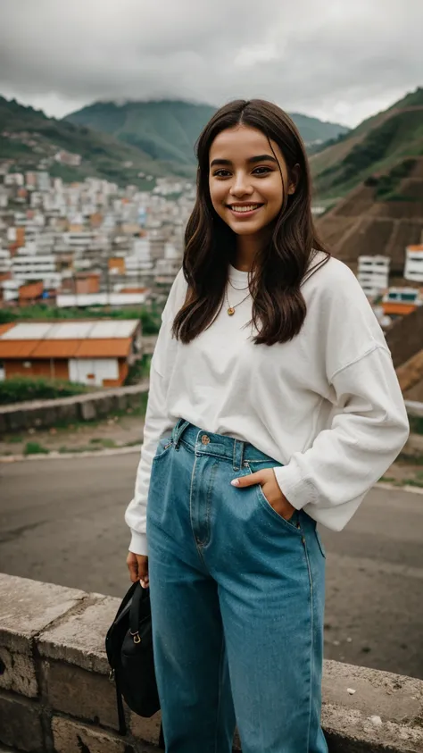 iPhone portrait bright overcast, comuna 13, 1 girl 22 years old, smiling, trendy casual outfits