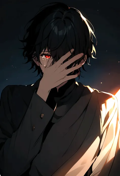 boy, red eyes, black hair, hiding face, crying