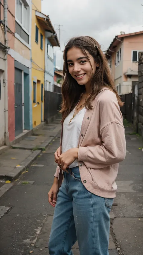 iPhone portrait bright overcast, comuna 13, 1 girl 22 years old, smiling, trendy casual outfits