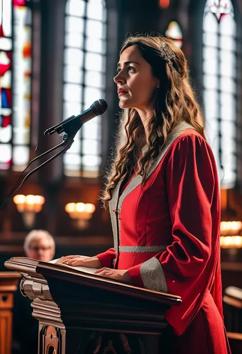 a realistic cinematic photo of the 30 year old woman wearing reddish suit giving a speech at a lectern in a ((protestant church)), long hair, bible on the pulpit, ((front view)), long shot in Nikon D850 DSLR, 200mm f/1. 8 lens,