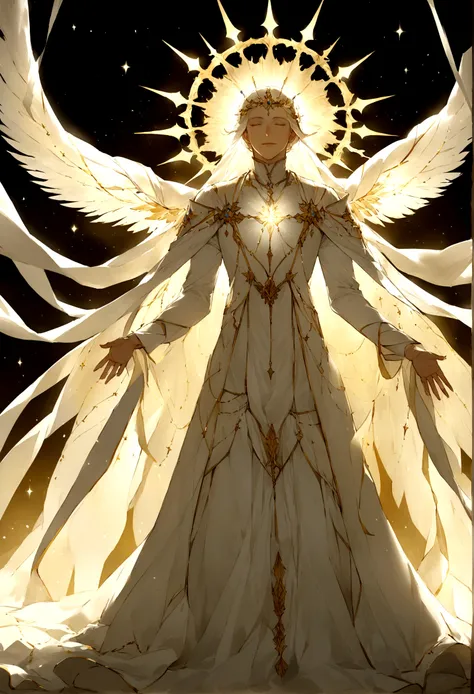 Adorned in robes of ethereal white, fabric with threads of divine light, Genesis embodied the essence of purity and divinity. His clothes seemed to float around him, as if they were made of feathers instead of fabric. The heavenly radiance emanating from G...