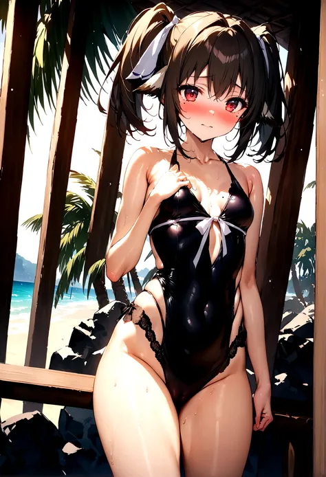 NSFW,masterpiece,Highest quality,High resolution,Super detailed,Nekone (Utawarerumono),Brown Hair、（Red Eye：1.3）、ribbon,Twin tails、ヘアribbon、Mole、目の下のMole,Small breasts,High-quality adult swimwear,beach,Palm tree,Rock Shade,Embarrassed,blush,(Seduce)