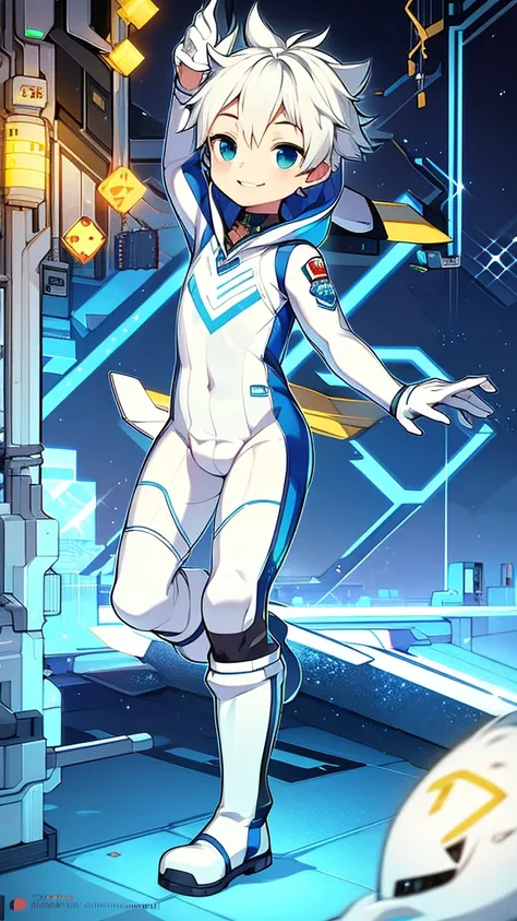 Game CG，4k picture quality，((little boy))，The feeling of youth，anime hero，Q version male character ears，happy，防wind鏡，White and Blue Racing Bodysuit，White gloves，Racing boots，float。wind，Lighting Effects，Full body portrait，Normal hand