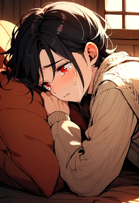 boy, red eyes, black hair, curled up, crying