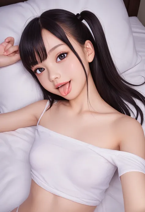 light pink t-shirt,off-shoulder look,bare shoulder,ollarbone,midriff peek,string panties,(open mouth:1.5),(tongue out:2),lying,Selfie,(overhead shot:1),front view,upper body,(1girl,Beautiful 14 year old girl),((Slender,Small breasts,Small face,)),(looking ...