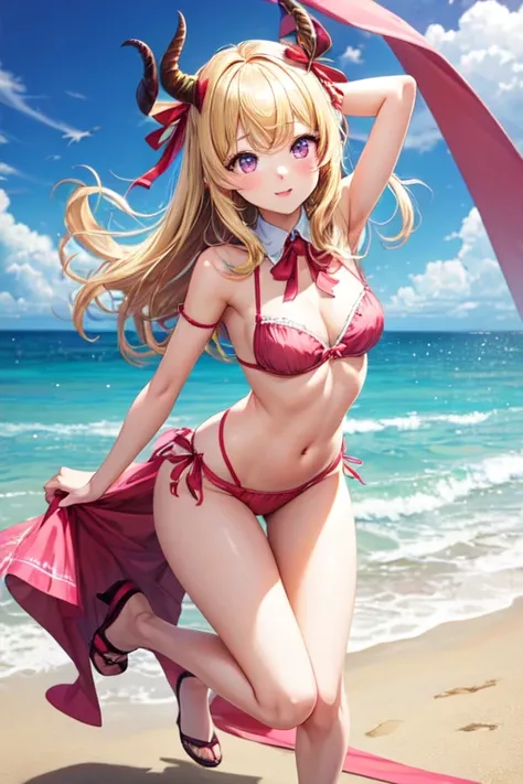 anime girl blonde hair pink eyes with horns and uneven bangs with little coquette like, full body with cute and sexy pose. add ribbon stitches in her face