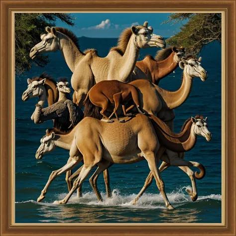 Real photography, unique composition that mixes and brings together in an almost surreal design four different types of animals in a single body of a Camel, tail of a Vulture, head of a Langur, arms and legs of a Ringed Sea Snake. There is a frame in the i...