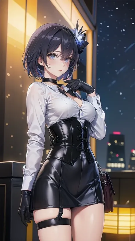 Masterpiece, Beautiful art, professional artist, 8k, Very detailed face, Detailed clothing, detailed fabric, 1 girl, Soul Fullness (Honkai Impact 3rd), front view, standing, perfectly drawn body, shy expression, pale skin, beautiful face, short dark blue h...