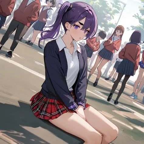 work of art, best qualityer, extremely detaild,dutch angle, アニメ,Suéter schoolyardr grande、plaid plaid skirt,skin tanned,15year old ,dark skin tiny body,smallbreast,baby face,hand between legs,break,multicolored dark purple hair,side ponytail,short hair wit...