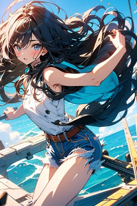 masterpiece, Highest quality, 1 Girl, Brunette Hair, Bare shoulders, Long Hair, dress, Denim Shot, Dynamic pose, Dynamic Angle,