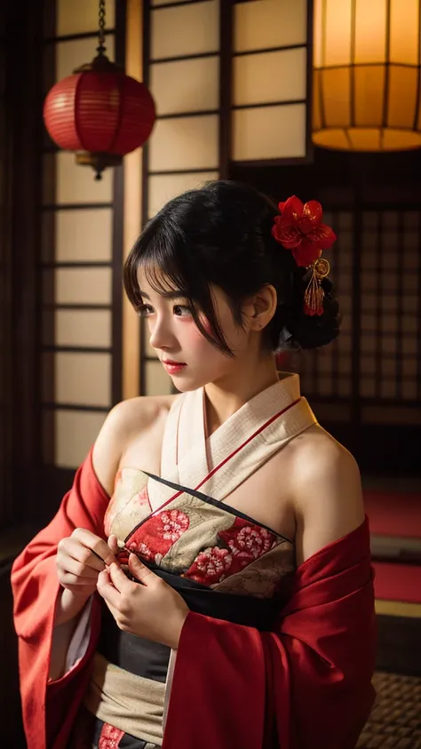 girl、Beauty、Red colored kimono、Exposing shoulders、girl座り、front、Tatami room、Powder、Shoji screen、tatami、Dark atmosphere、candle、Oiran、Tied hairstyle、hairpin、Close-up