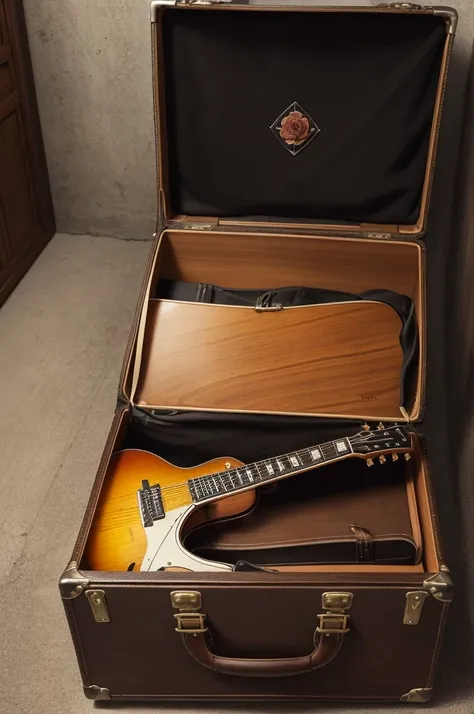 A vintage leather suitcase, with an aged appearance and brown tones, is positioned in the center of the image. Leaning against the suitcase, there is a wooden acoustic guitar, with a glossy finish and gleaming gold strings. The wood of the guitar has a war...