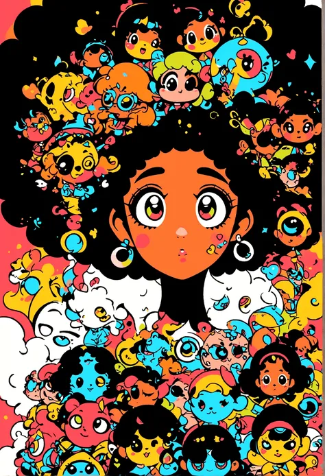 character design image, vector art, of a woman with big afro hair, super cute funky black girl, vector sketch style illustration, adobe illustrator sketch art style, vector sketch art style, in digital illustration style , highly detailed character design,...