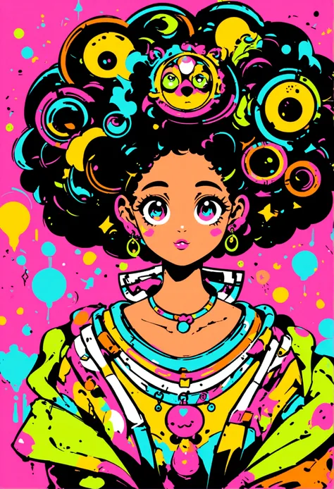 character design image, vector art, of a woman with big afro hair, super cute funky black girl, vector sketch style illustration, adobe illustrator sketch art style, vector sketch art style, in digital illustration style , highly detailed character design,...