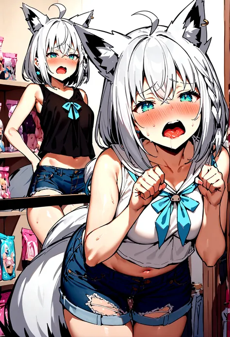 NSFW,masterpiece,Highest quality,High resolution,Super detailed,Shirakami Fubuki(Hololive),Gray Hair、One-sided braid、Ahoge、Earrings,Fox ears,Fox tail,Crop top shirt,Sleeveless,Low-rise denim shorts,Embarrassed,blush,Expecting face,(Ecstasy face),(Adult Sho...