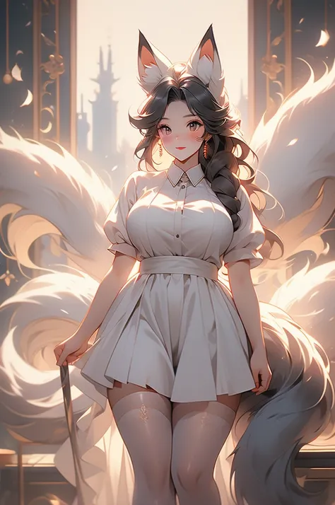 maid, maid uniform, fox ears, fox tail, voluptuous, powerful, plump, black fur