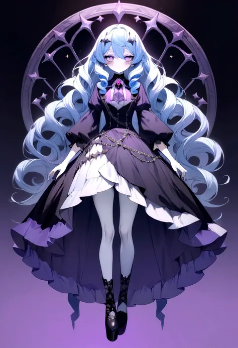 ((best quality)), ((highly detailed)), masterpiece, absurdres, detailed face, beautiful face, (detailed eyes, deep eyes), full body,  Long curly hair is shades of pastel blue, pink, and lavender, sparkling purple eyes, pale skin with a faint, Ghost fashion...