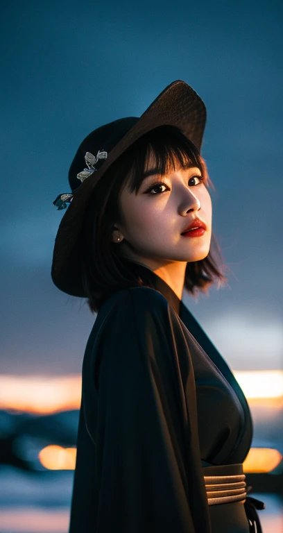 (A plain detailed woman in a black kimono dress & ridiculous straw hat, bob_hair_side_bangs, fair skin, dark lips, walking in a snowy night, dark background, dawn sunset, extremely detailed skin, extremely detailed eyes, Intellectual_charisma, depth of fie...