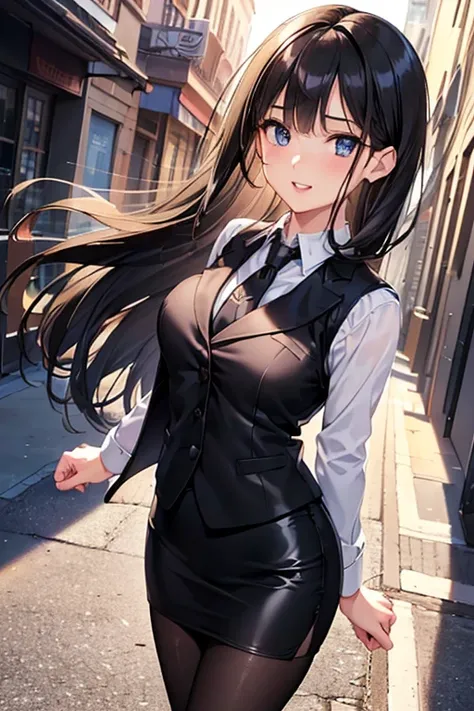 #Basics A girl is posing for a photo, animeのかわいい女の子, (((One Girl, Baby Face, Young girl, 16 years old))), 
BREAK 

#Clothing Accessories 
(White Collar Dress Shirt) + (Black suit jacket:1.4) + (black suit vest:1.4) + (Black shiny pencil mini skirt:1.4) + (...