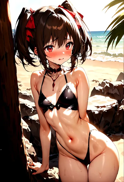 NSFW,masterpiece,Highest quality,High resolution,Super detailed,Nekone (Utawarerumono),Brown Hair、（Red Eye：1.3）、ribbon,Twin tails、ヘアribbon、Mole、目の下のMole,Small breasts,High-quality sexy swimsuit,beach,Palm tree,Rock Shade,Embarrassed,blush,(Seduce)