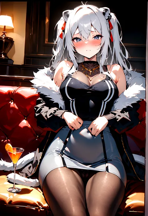 NSFW,masterpiece,Highest quality,High resolution,Super detailed,Shishirabotan(Hololive),Long Hair、Two Side Up、Earrings、Lion&#39;s Tail,necklace、Black Shirt、Sleeveless shirt、abdomen、See-through、Grey Skirt、片足pantyhose、pantyhose、fur-trimmed jacket、Black jacke...