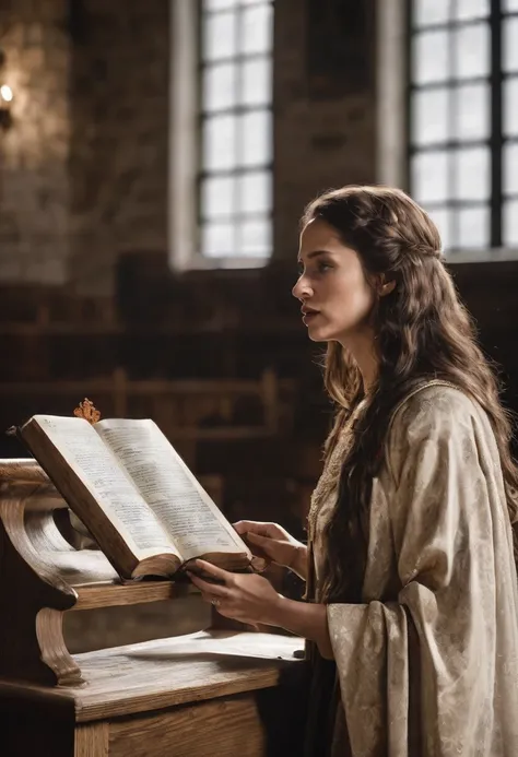 Realistic photograph of a woman with long hair preaching from a wooden pulpit, open Bible on the pulpit, church in the background, dramatic lighting, passionate expression, slightly low front angle, 200mm lens, shallow depth of field, high resolution