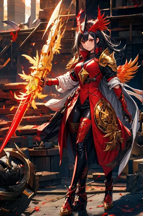 One girl,Hornick Keeper, Fireproof suit with golden phoenix emblem, Obsidian grille fire enclosure, Phoenix nest with glittering golden wings, Talon gloves for wielding the Phoenix, Fire Ruby to Feed the Phoenix,