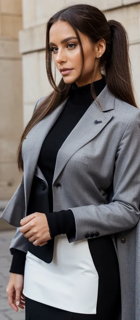 A realistic photo of beautiful and elegant italian business woman with professionnal black skirt suit, light makeup, long straight brown hair,high sleek ponytail, high quality, very detailed, perfect fit, looking at the camera, detailed face