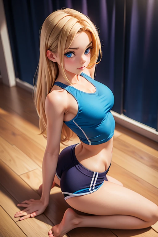 Sexy teen yoga student, tiny athletic body, breasts, deep cleavage, sultry blue eyes, view from above, realistic, 3d, perfect butt