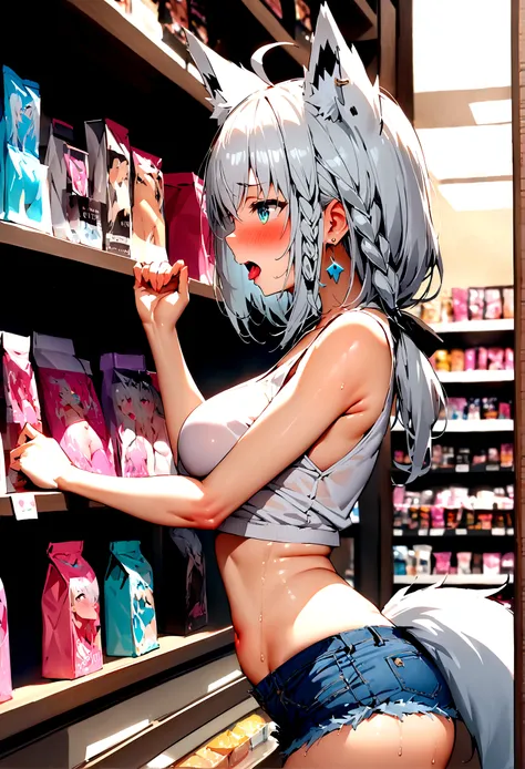 NSFW,masterpiece,Highest quality,High resolution,Super detailed,Shirakami Fubuki(Hololive),Gray Hair、One-sided braid、Ahoge、Earrings,Fox ears,Fox tail,Crop top shirt,Sleeveless,Low-rise denim shorts,Embarrassed,blush,Expecting face,(Ecstasy face),(Adult Sho...