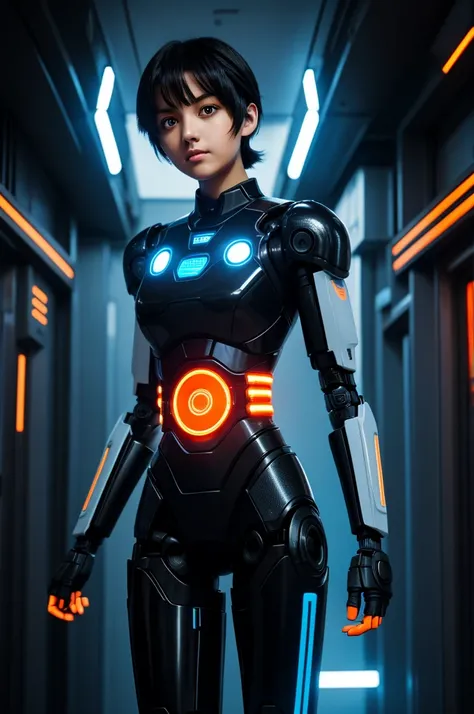 knees, man, short black hair, black robotic arms with orange lights, bright Eyes, anime, light blue and black uniform 