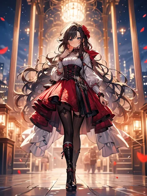 (masterpiece, best quality), 1 girl,    ruby_rosa, layer, dress, red layer, crescent rosa, boots, shackles, hood, petals, corset...