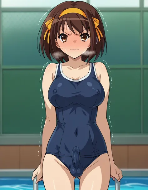 haruhi suzumiya, short hair, brown hair, brown eyes, hairband, medium hair, ribbon, hair ribbon, old school swimsuit, dutch angle, cowboy shot, (angry:0.5), full-face blush, embarrassed, trembling effect, teeth, heavy breath, looking at viewer, large breas...