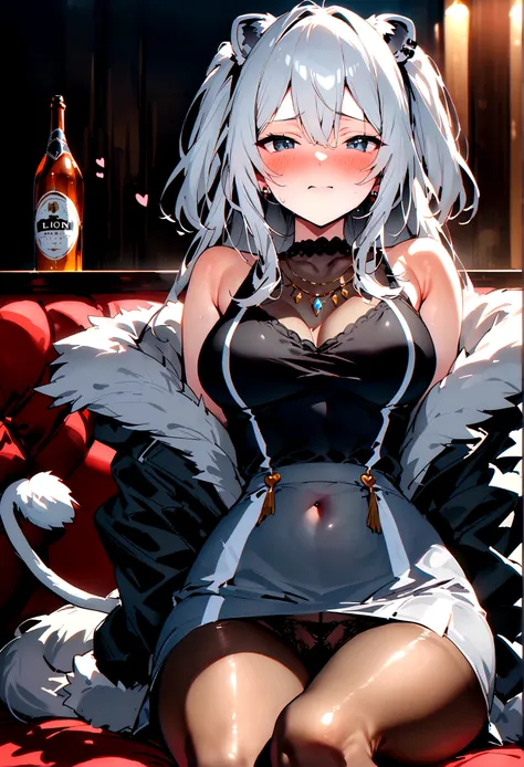 NSFW,masterpiece,Highest quality,High resolution,Super detailed,Shishirabotan(Hololive),Long Hair、Two Side Up、Earrings、Lion&#39;s Tail,necklace、Black Shirt、Sleeveless shirt、abdomen、See-through、Grey Skirt、片足pantyhose、pantyhose、fur-trimmed jacket、Black jacke...