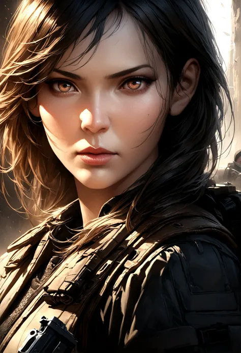 a close up of a woman with a black outfit with tactical vest, serious face, 4k highly detailed digital art, 4k detailed digital art, realistic digital art 4k, realistic digital art 4 k, stunning digital illustration, assassin women, gun