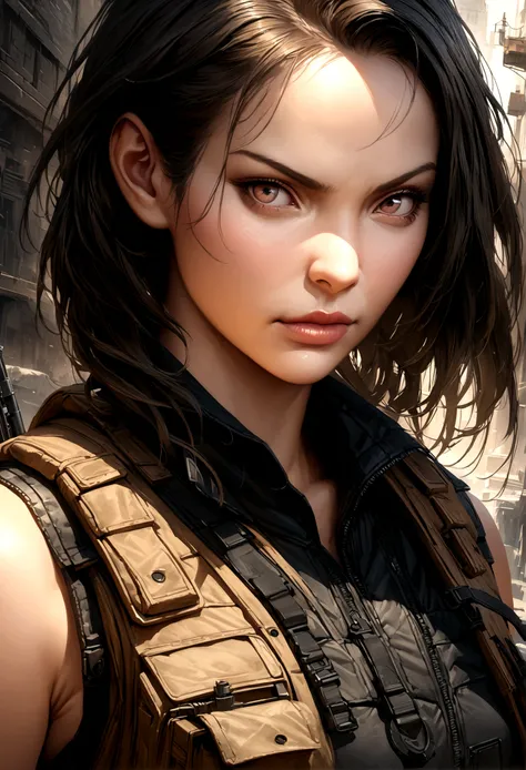 a close up of a woman with a black outfit with tactical vest, serious face, 4k highly detailed digital art, 4k detailed digital art, realistic digital art 4k, realistic digital art 4 k, stunning digital illustration, assassin women, gun