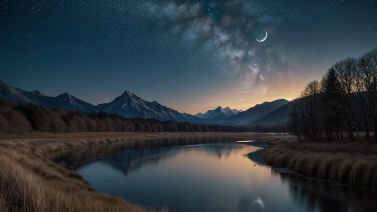 Generate a high definition image that represents the early morning in a peaceful and serene landscape. The scene shows the sky still dark, dyed deep blue and speckled with twinkling stars. The full or crescent moon is suspended on the horizon, casting a so...