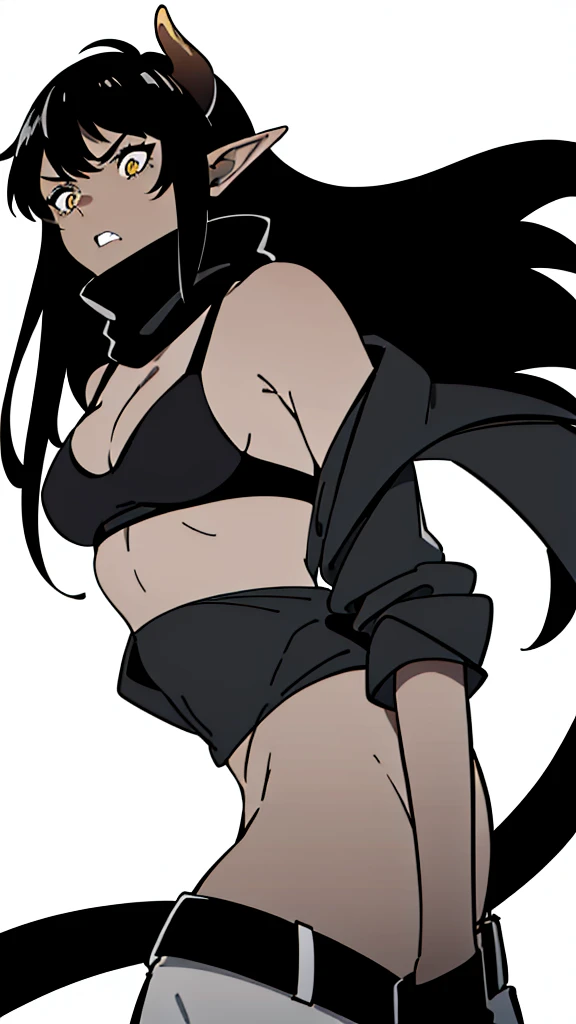 (1girl ,25s,adult,mature female),long hair, black hair,horns,elf ears,((black scarf)),cleavage,(((dark skin))),(black sports bra, midriff),(white background, line drawing),black long sleeves, upper body,looking at view,angry,from front