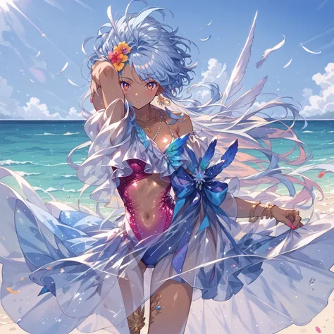 score_9, score_8_up, score_7_up, source_anime,masterpiece, best quality, high resolution, extremely detailed CG, absurdres, highres, 1girl, a dark skin girl in a swimsuit, posing at the beach, (((light blue hair))), golden_decorations, feathers on swimsuit...