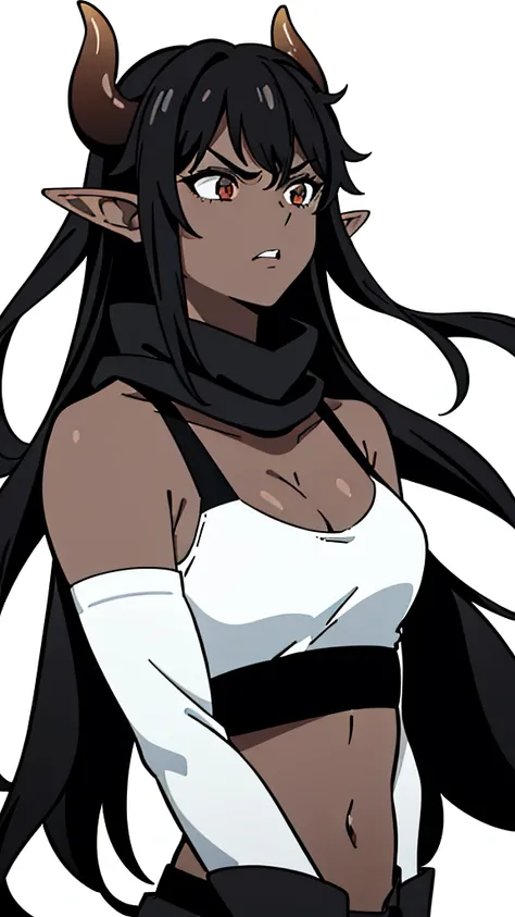 (1girl ,25s,adult,mature female),long hair, black hair,horns,elf ears,((black scarf)),cleavage,(((dark skin))),(black sports bra, midriff),(white background, line drawing),black sleeves, upper body,looking at view,angry,from front,pov