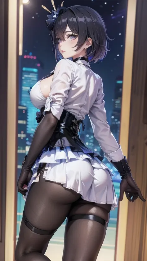 Masterpiece, Beautiful art, professional artist, 8k, Very detailed face, Detailed clothing, detailed fabric, 1 girl, Soul Fullness (Honkai Impact 3rd), view from behind, perfect ass, standing, perfectly drawn body, big breasts, shy expression, pale skin, b...