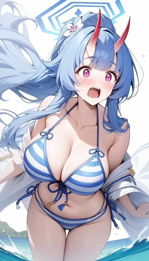 masterpiece, best quality, very aesthetic, absurdres, 1girl, mature_lady, ,1girl, chise (swimsuit) (blue archive), blue archive, swimsuit, horns, bikini, long hair, oni horns, halo, striped, blue hair, striped bikini, breasts,surprised,Japanese / Tradition...