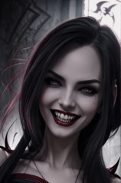 
a close up of a woman with a creepy smile on her face, with fangs, fangs, anime vampires, fangs extended, malevolent smile, ahegao, jinx face, vampire girl, ahegao face, prominent jaw and visible fangs, large fangs, dark vampire, anime monster girl, grinn...