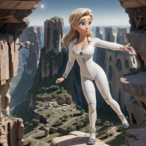 At the top of the mountain and on the edge of the cliff, a muscular blonde woman, with huge ass, big breasts with big cleavage, wearing white spacesuit, wearing titanium boots, Looking and smiling at the camera, Beautiful feet, showing full body. Under the...