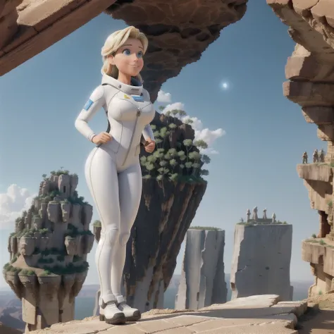 At the top of the mountain and on the edge of the cliff, a muscular blonde woman, with huge ass, big breasts with big cleavage, wearing white spacesuit, wearing titanium boots, Looking and smiling at the camera, Beautiful feet, showing full body. Under the...