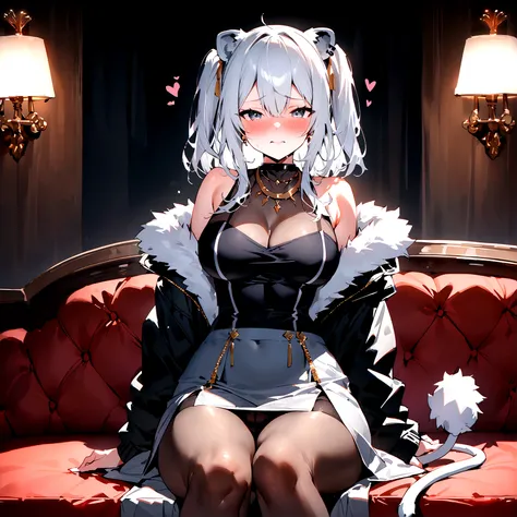 NSFW,masterpiece,Highest quality,High resolution,Super detailed,Shishirabotan(Hololive),Long Hair、Two Side Up、Earrings、Lion&#39;s Tail,necklace、Black Shirt、Sleeveless shirt、abdomen、See-through、Grey Skirt、片足pantyhose、pantyhose、fur-trimmed jacket、Black jacke...