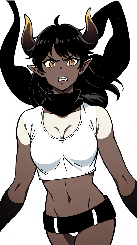 (1girl ,25s,adult,mature female),long hair, black hair,horns,elf ears,((black scarf)),cleavage,(((dark skin))),(black sports bra, midriff),(white background, line drawing),black sleeves, upper body,looking at view,((angry)),((from front,pov))