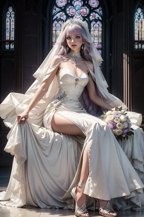 Bride in creamy white wedding dress. Draped One Shoulder Dress, Asymmetric cut, Long skirt, Silver and Amethyst Jewelry, Shoes with collars, Headdress, Midi veil. Lilac hair, Dark green eyes,  Soft makeup. Small bouquet. Elegant Art Nouveau stained glass w...